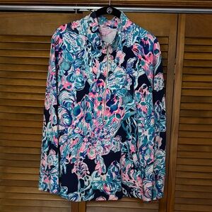 Lilly Pulitzer Navy Floral Quarter-Zip Pullover with Pink & Teal Accents